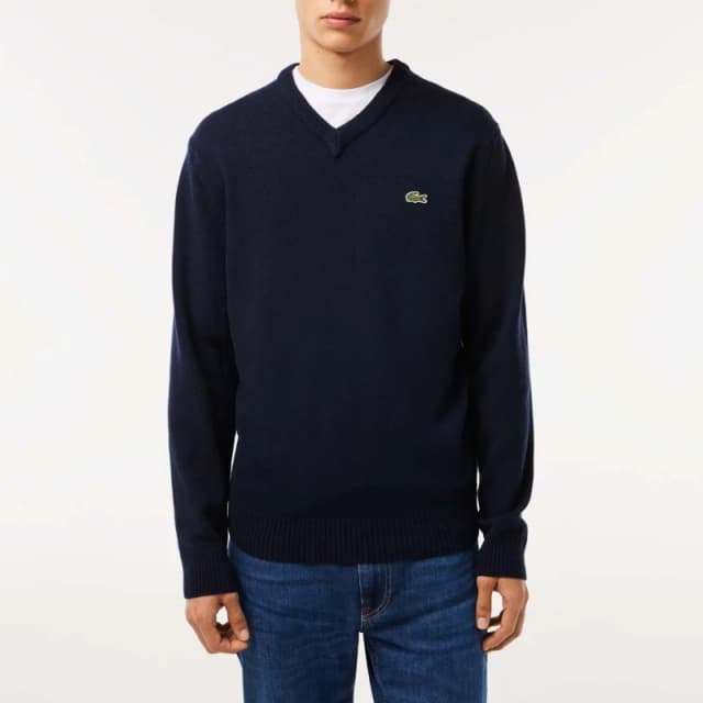 Lacoste V-Neck Wool Sweatshirt - Blue Blue XS