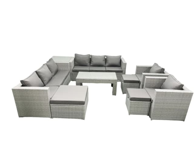 Fimous Outdoor Garden Furniture Rattan Sofa Set with 2 Armchairs Oblong Coffee Table 3 Footstools Side Table Light Grey Mixed Light Grey