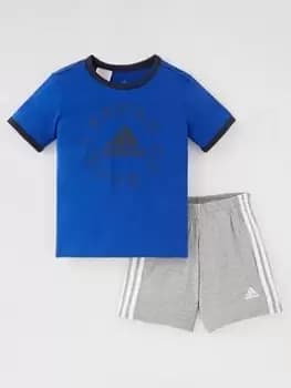 adidas Infants Logo Graphic Short & T-Shirt Set - Blue/Grey, Blue/Grey, Size 3-4 Years, Women