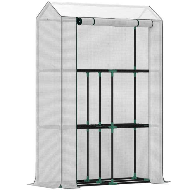 Outsunny 3 Tier Mini Greenhouse with PE Cover, Roll-Up Door, White Off White