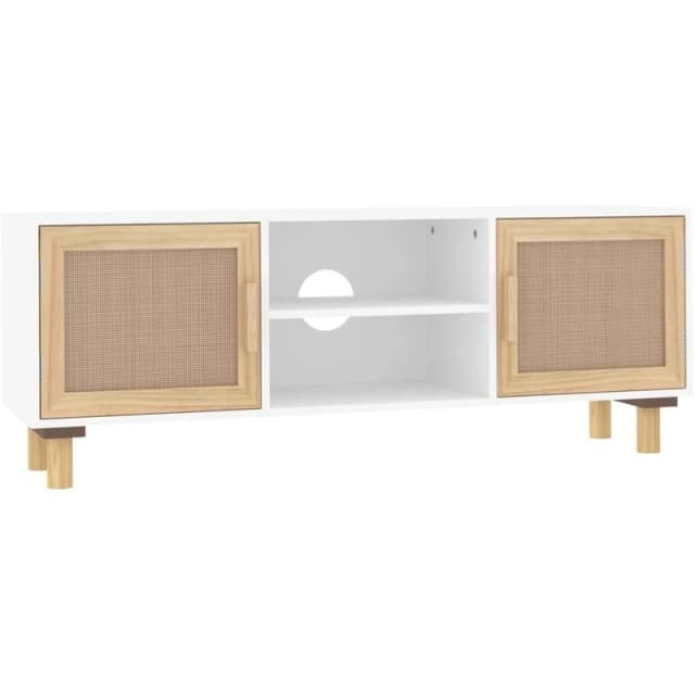 Vidaxl TV Cabinet White 105X30X40 Cm Solid Wood Pine&natural Rattan, White 345615