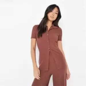 Missguided Crinkle Rib Ss Longline Polo Cardi - Brown