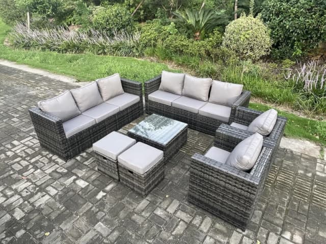 Fimous 10 Seater Rattan Garden Furniture Sofa Set with 2 Armchairs Square Coffee Table 2 Small Footstools Indoor Side Table Dark Grey