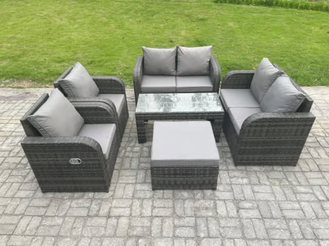 Fimous Rattan Garden Furniture Set with Rectangular Coffee Table Big Footstool 7 Seater Patio Outdoor Lounge Sofa Set Dark Grey