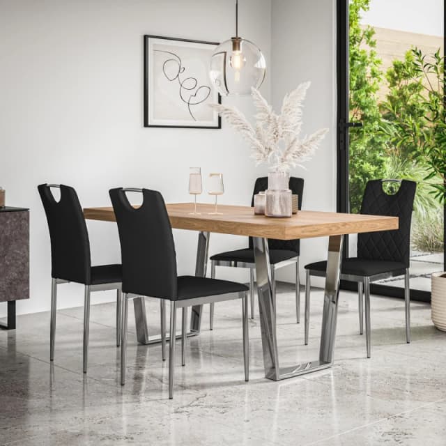 More4Homes Aria Dining Table And Chairs - Oak Effect Table Top W Chrome Legs + 4 Monza Faux Leather Dining Chairs W Chrome Legs (Black)
