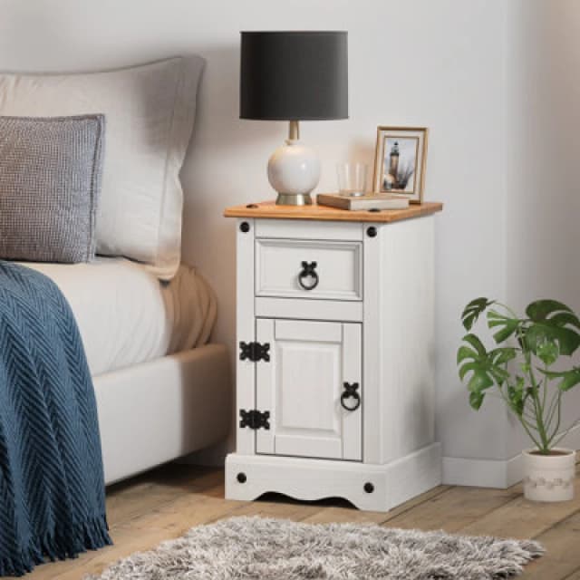 Mercers Furniture Corona White Narrow Pot Cupboard 1 Door 1 Drawer Bedside Table Cabinet Solid Pine With Mexican Styling