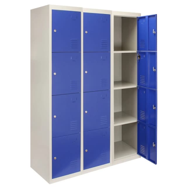 MonsterShop 3 X Metal Storage Lockers - Four Doors, Blue - Flatpack
