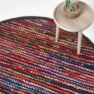 Handwoven Multi Coloured Recycled Chindi Folk Rug, 150cm Round - Multi Colour - Homescapes