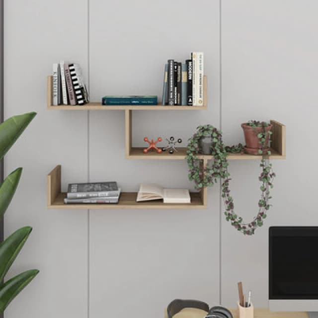 Decortie Modern Tibet Wall Mounted Shelf Display Unit Natural Oak W 119Cm Wide