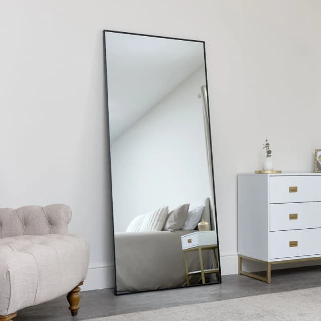 Melody Maison Large Black Thin Framed Leaner Mirror 80cm X 180cm Black