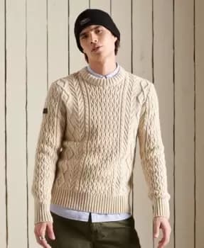Superdry Mens Jacob Cable Crew Jumper Cream / Ecru - Size: M
