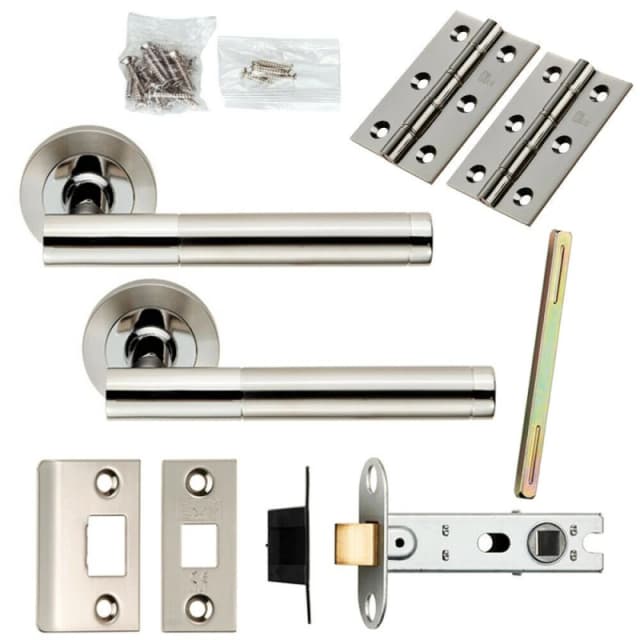 Loops Door Handle & Latch Pack Polished & Satin Steel Round T Bar Screwless Rose Metallics