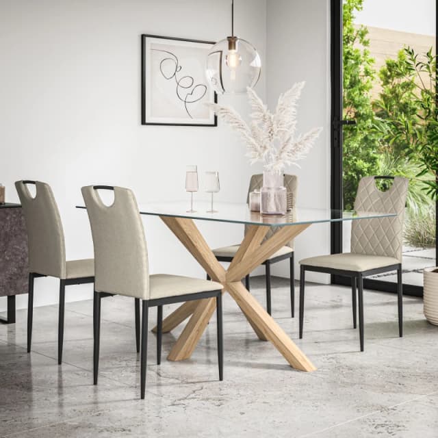 More4Homes Etta Glass Dining Table And Chairs - Glass Top W Solid Oak Legs + Monza Fabric Dining Chair Set Of 4 (Beige)