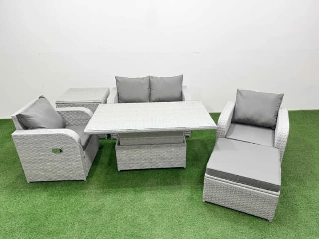 Fimous Light Grey PE Wicker Rattan Garden Furniture Set Sofa Set Reclining Chair Adjustable Lifting Dining or Coffee Table 5 Seater With Footstool Sid