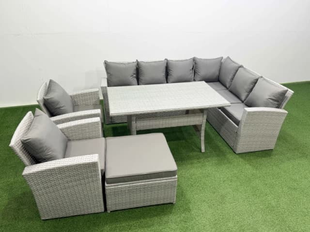 Fimous Rattan Garden Furniture Set Outdoor 9 Seater Dining Corner Sofa Set in Light Grey Light Grey Unisex