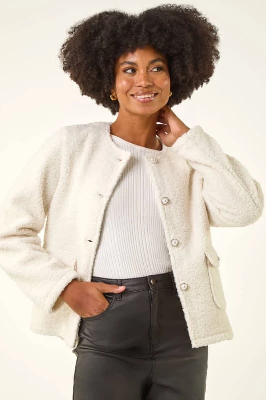 Roman Womens Cosy Boucle Fleece Jacket in Ivory Size: 14 Ivory Female 14