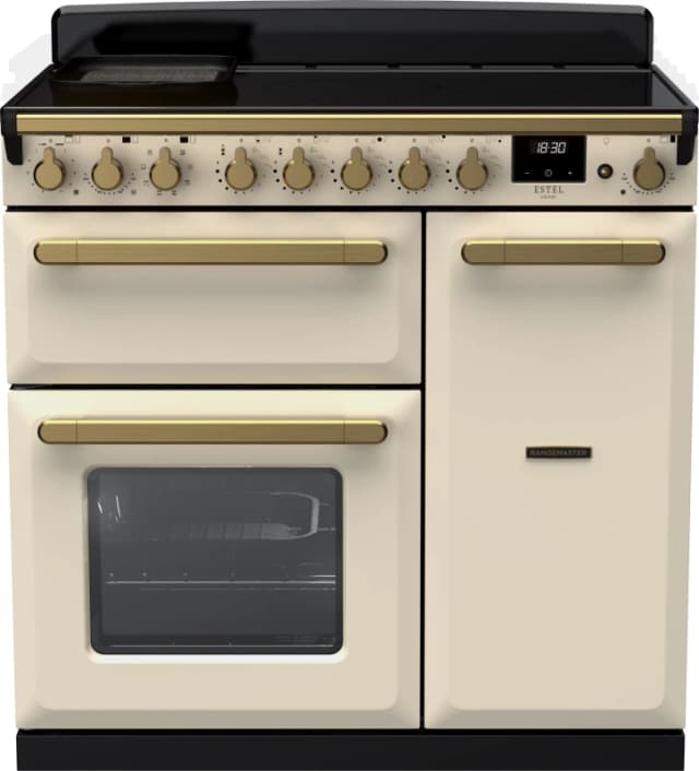 Rangemaster Estel Deluxe ESDL90EIPPCR/AB1 90cm Electric Range Cooker with Induction Hob - Cream / Antique Brass - A/A Rated