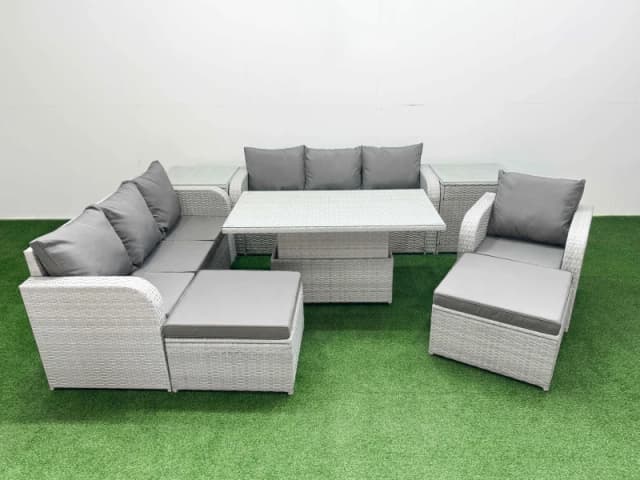 Fimous 9 Seater Poly Rattan Outdoor Garden Furniture Adjustable Lifting Dining or Coffee Table Sofa Set 2 Big Footstools 2 Side Table