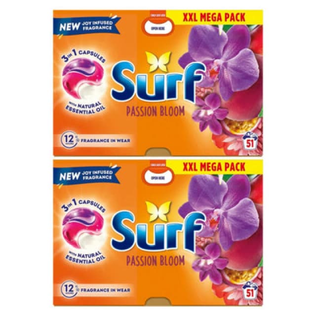Surf 3 In 1 Laundry Washing Detergent Capsules Passion Bloom, 102 Washes, 2Pk
