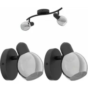 Twin Ceiling Spot Light & 2x Matching Wall Lights Black Vaporized Glass Moving