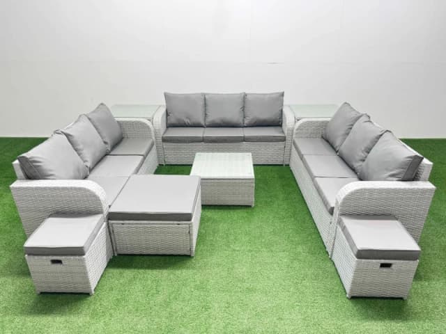 Fimous PE Rattan Lounge Sofa Set 12 Seater Outdoor Garden Furniture Set with Square Coffee Table 3 Seater Sofa 3 Stools 2 Side Table Light Grey Light