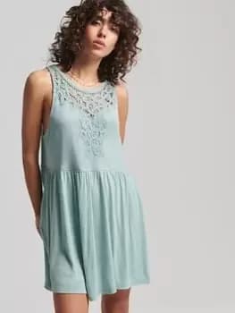 Superdry Vintage Linen Mix Lace Yoke Dress - Green, Size 12, Women