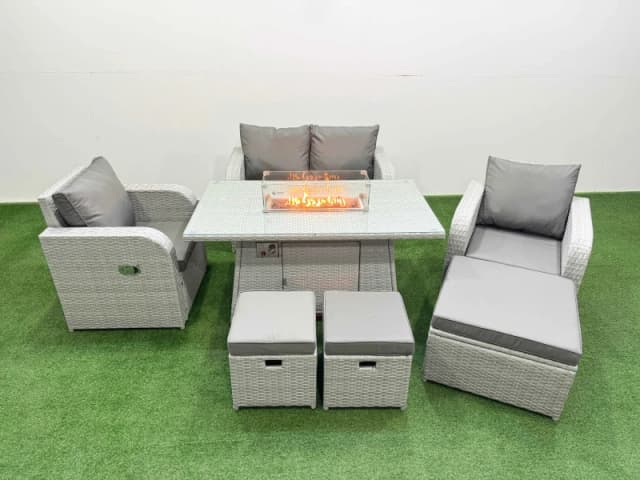 Fimous Light Grey PE Wicker Rattan Garden Furniture Set Sofa Set Reclining Chair Firepit Dining Table 7 Seater 3 Stools Light Grey