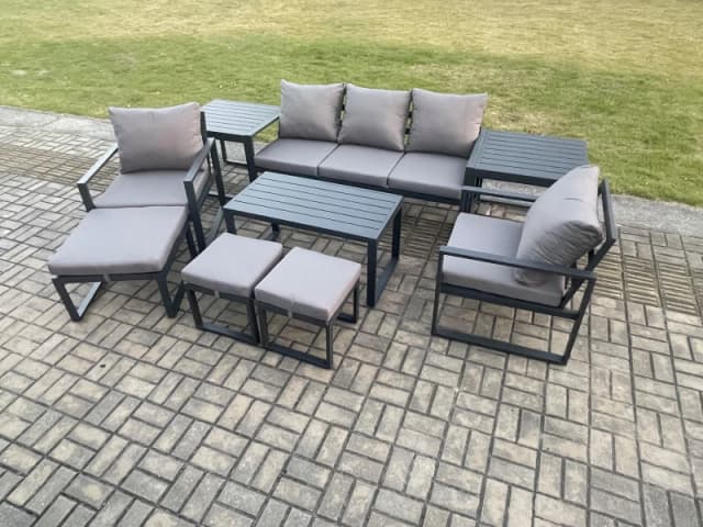 Fimous Aluminium 9 Pieces Garden Furniture Sofa Set with Cushions 8 Seater Outdoor Patio Set with 2 Armchair 3 Footstools Side Table in Dark Grey Dark