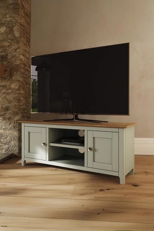 FWStyle Large 2 Door TV Unit Assembled Sage Green Solid Oak Living Room Green