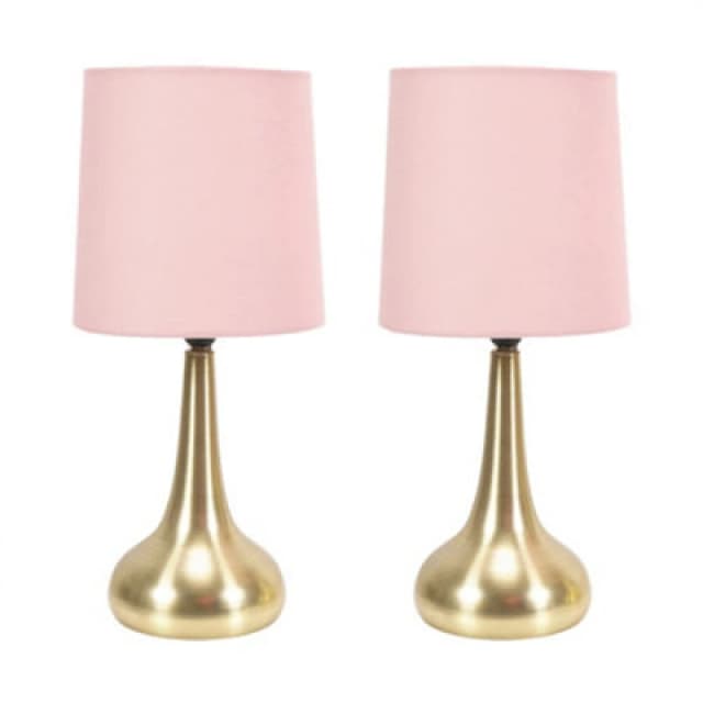 ValueLights Teardrop Pair of Brushed Gold Touch Table Lamps with Fabric Shade Baby Pink