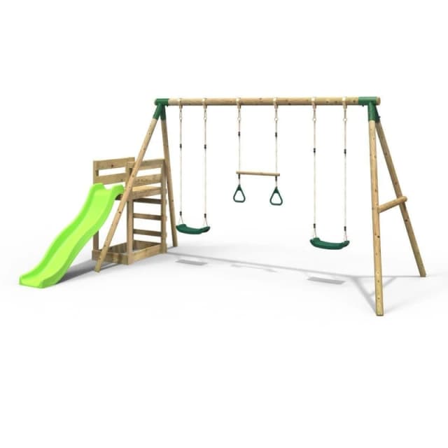Rebo Wooden Triple Swing Set with Trapeze Bar and Slide - Comet Green Green