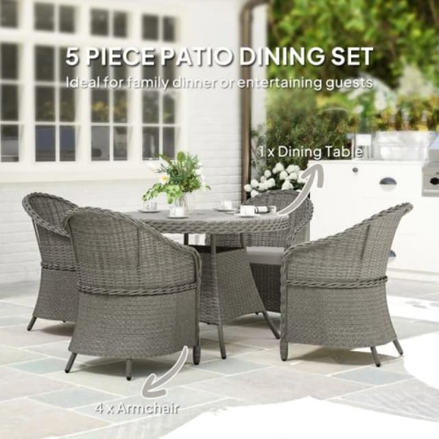 Outsunny Rattan Dining Set for 4 with Cushions and Umbrella Hole, Grey 861-045V70GY