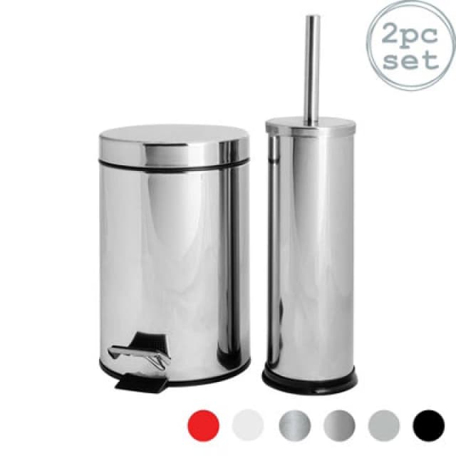 Harbour Housewares Bathroom Bin & Toilet Brush Set - 3L - Chrome - Round Stainless Steel Slim Trashcan Rubbish Bin & Brush