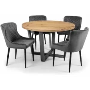 Julian Bowen Dining Set - Brooklyn Round Table & 4 Luxe Grey Velvet Chairs