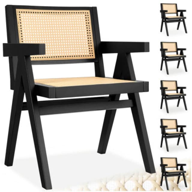 Tectake Set Of 6 Dining Chair Lizzy With Mid-Century Modern Design, Rattan Backrest And Solid Wood Frame - Black