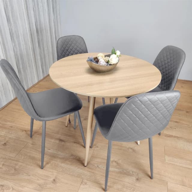 KOSY KOALA KOSY KOALA Wooden Effect Beige Round Dining Table with 4 Grey Gem Pattern Chairs Beige One Size Unisex 5060711588544
