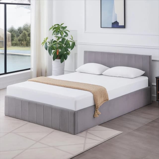 KOSY KOALA Ottoman Storage Bed grey small double 4ft 6 line pattern fabric velvet and 1 Mattress bedroom furniture Grey