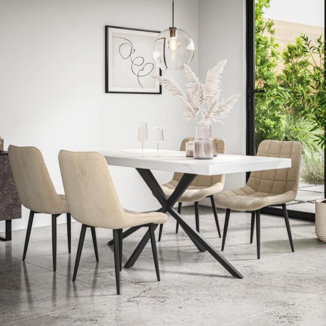 More4Homes Donni Dining Table And Chairs - White Marble Effect Table Top W Black Legs + Nova Velvet Dining Chair Set Of 4 (Beige)