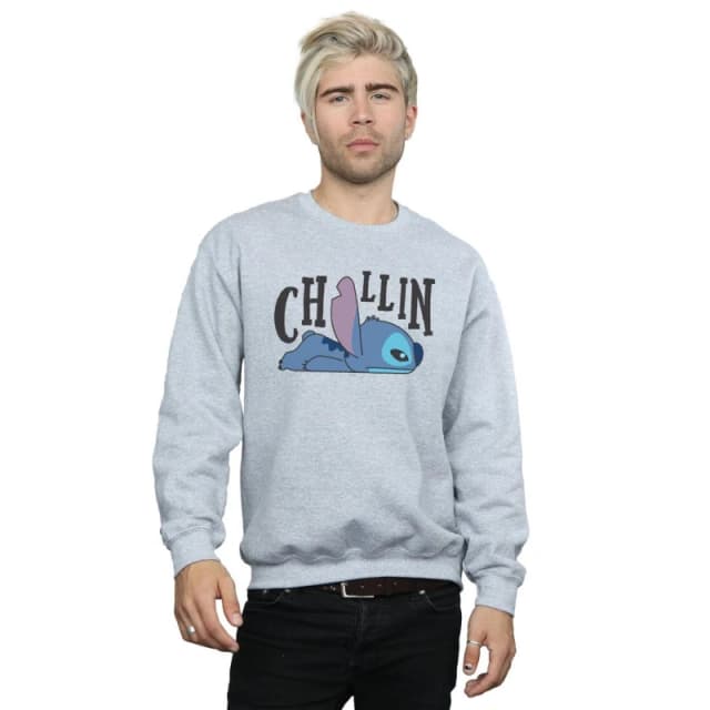 Disney Men Lilo And Stitch Chillin Sweatshirt in Grey Size: Small Grey S Male 5059114522347