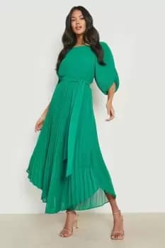 Pleated Puff Sleeve Midi Dress