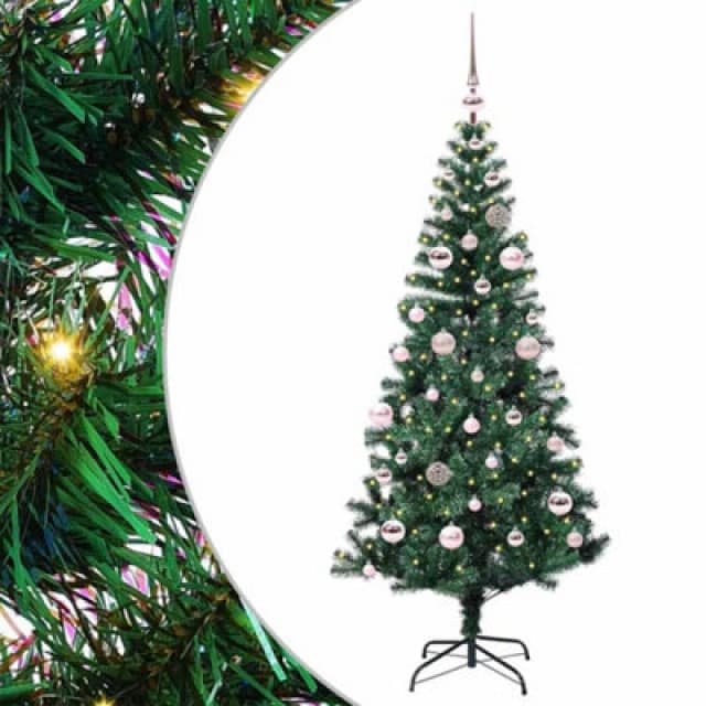 vidaXL Artificial Pre-lit Christmas Tree with Pink Balls Green 150cm PVC and Metal, Green 3396751
