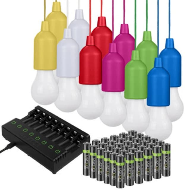 Valiant Hanging String Lights Battery Powered LED (12-Pack) plus 36 x AAA Batteries plus 8-Way Charging Dock Multi