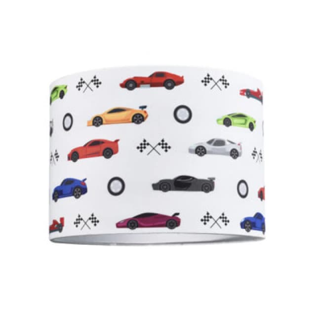 Happy Homewares Modern And Colourful Racing Cars Kids Cotton Fabric Round Drum Lamp Shade - 25Cm
