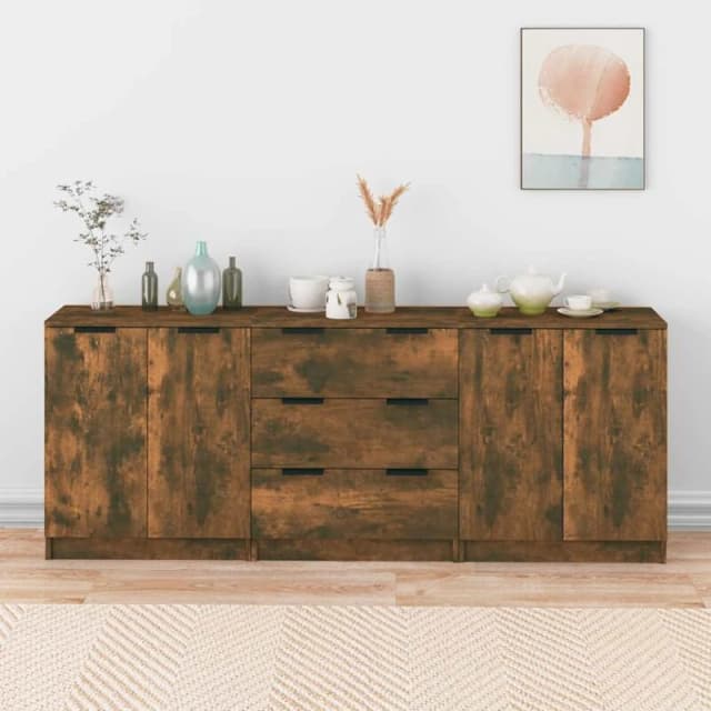 VIDAXL 3 Piece Sideboards Smoked Oak Engineered Wood Vidaxl 8720287122456