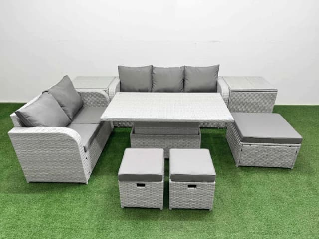 Fimous 8 Seater PE Rattan Wicker Garden Furniture Patio Conservatory Sofa Set with Adjustable Lifting Dining Table 3 Stool 2 Side Table