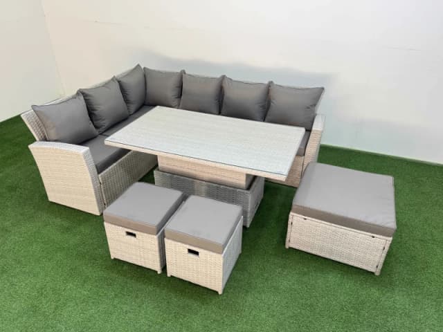 Fimous 9 Seat Garden Furniture Corner Sofa with Armchair 3 Footstools in Light Grey Light Grey Unisex