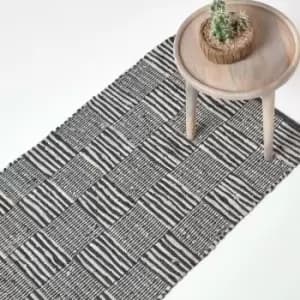 Black & White Real Leather Handwoven Striped Block Check Rug, 66 x 200cm - Black - Homescapes
