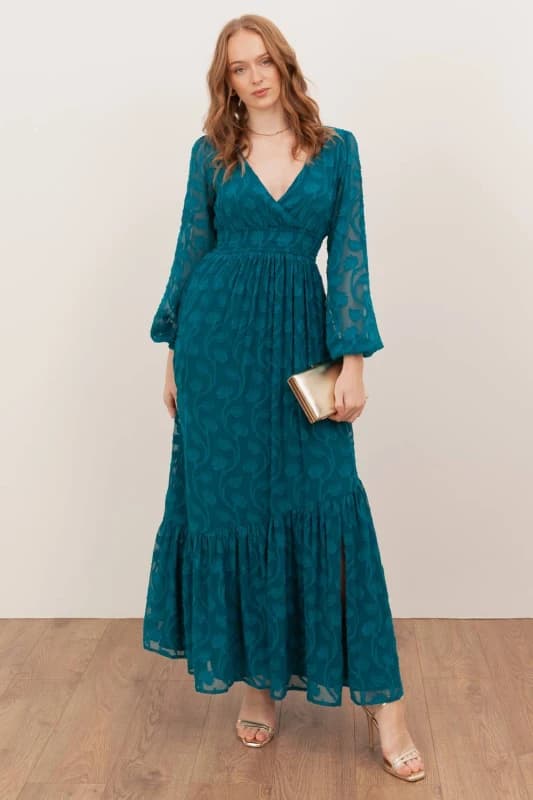 Lovedrobe Womens Floral Burnout Asymmetric Split Hem Tie Back Maxi Dress in Teal Size: 10 Teal Female 10
