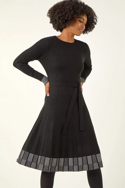 Roman Ribbed Stretch Knit Border Print Dress Black