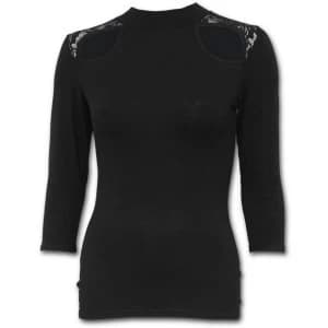 Gothic Elegance Lace Shoulder 3/4 Sleeve Womens Small Long Sleeve Top - Black
